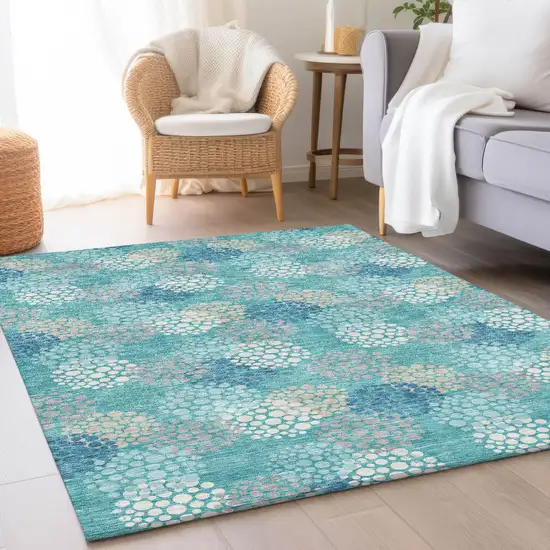 Teal Ivory And Beige Polka Dot Washable Area Rug With UV Protection Photo 5