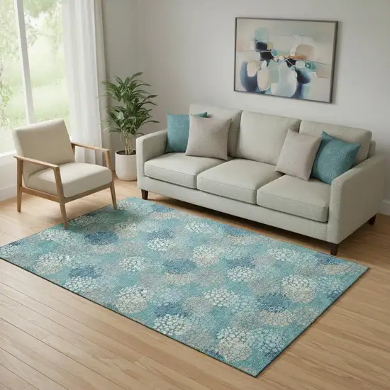 Teal Ivory And Beige Polka Dot Washable Area Rug With UV Protection Photo 1