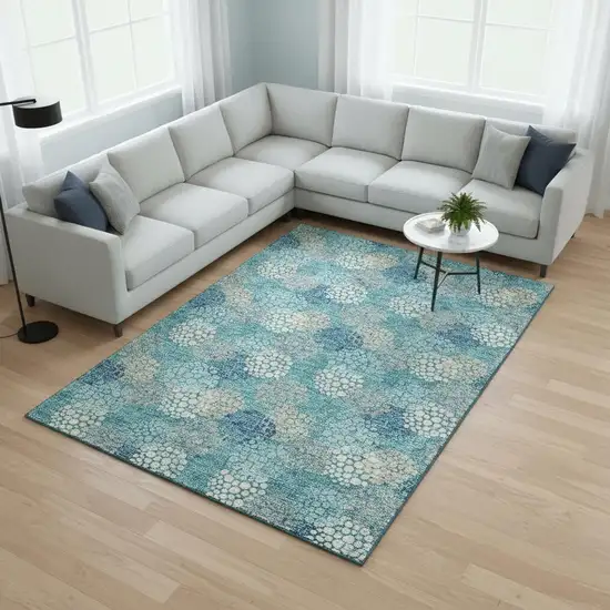 Teal Ivory And Beige Polka Dot Washable Area Rug With UV Protection Photo 2