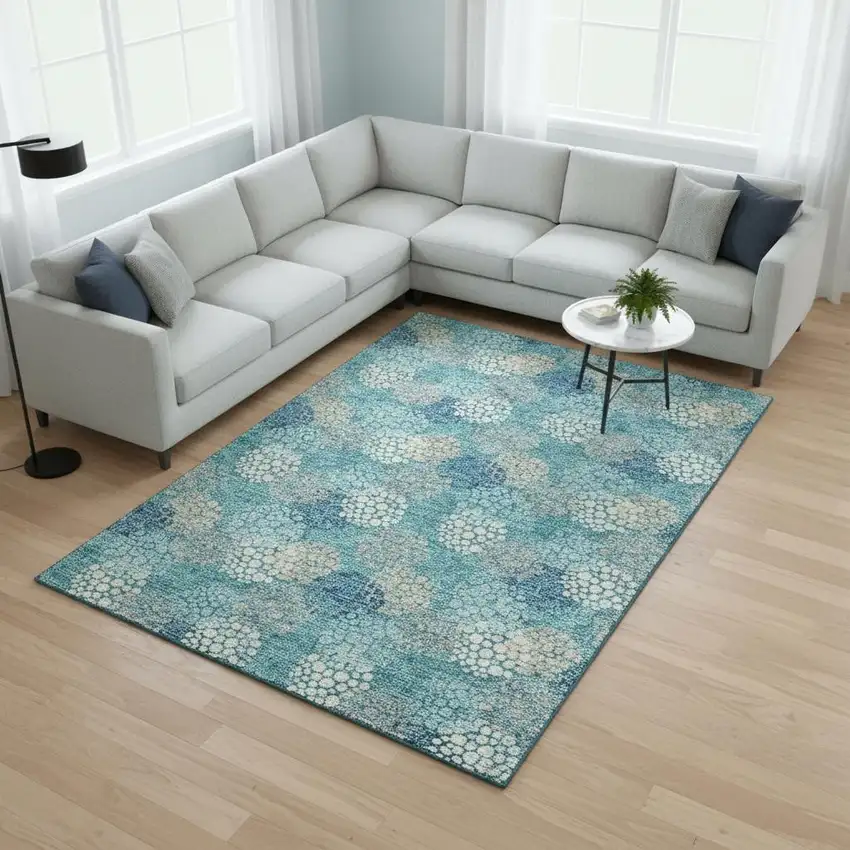 Teal Ivory And Beige Polka Dot Washable Area Rug With UV Protection Photo 2