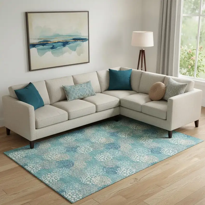 Teal Ivory And Beige Polka Dot Washable Area Rug With UV Protection Photo 1