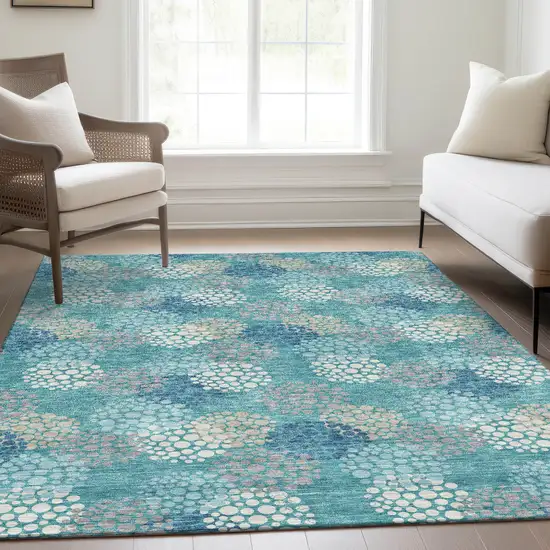 Teal Ivory And Beige Polka Dot Washable Area Rug With UV Protection Photo 6