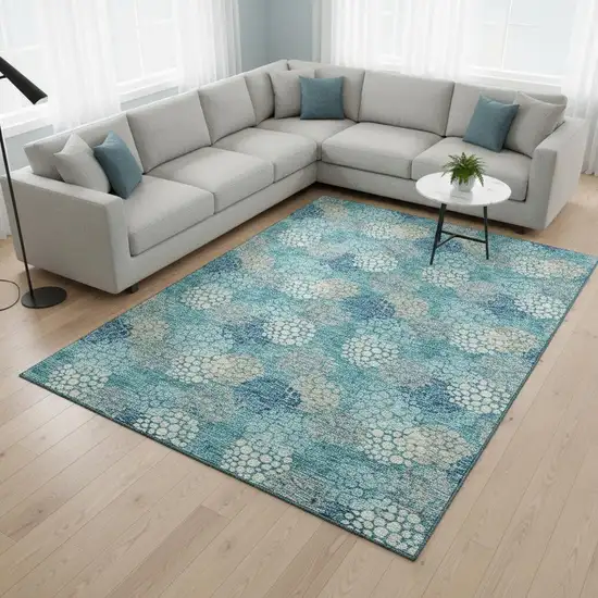 Teal Ivory And Beige Polka Dot Washable Area Rug With UV Protection Photo 2