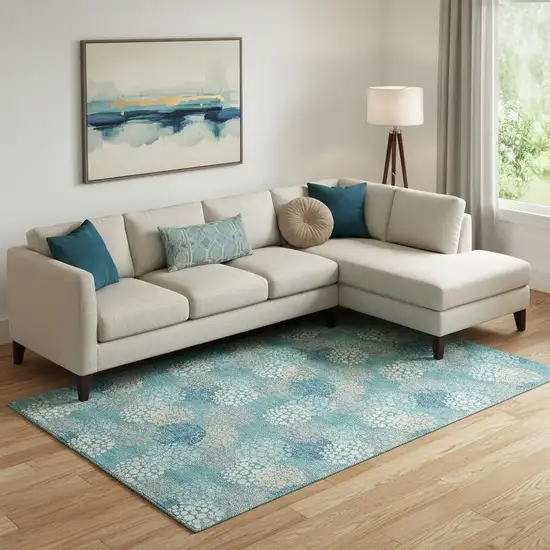 Teal Ivory And Beige Polka Dot Washable Area Rug With UV Protection Photo 1