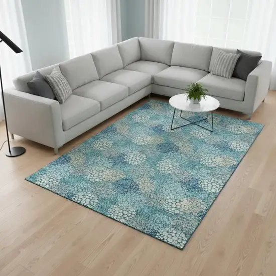 Teal Ivory And Beige Polka Dot Washable Area Rug With UV Protection Photo 2