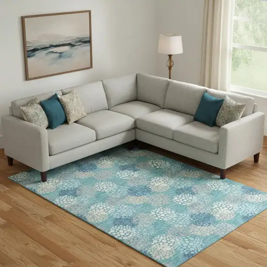 Teal Ivory And Beige Polka Dot Washable Area Rug With UV Protection Photo 1