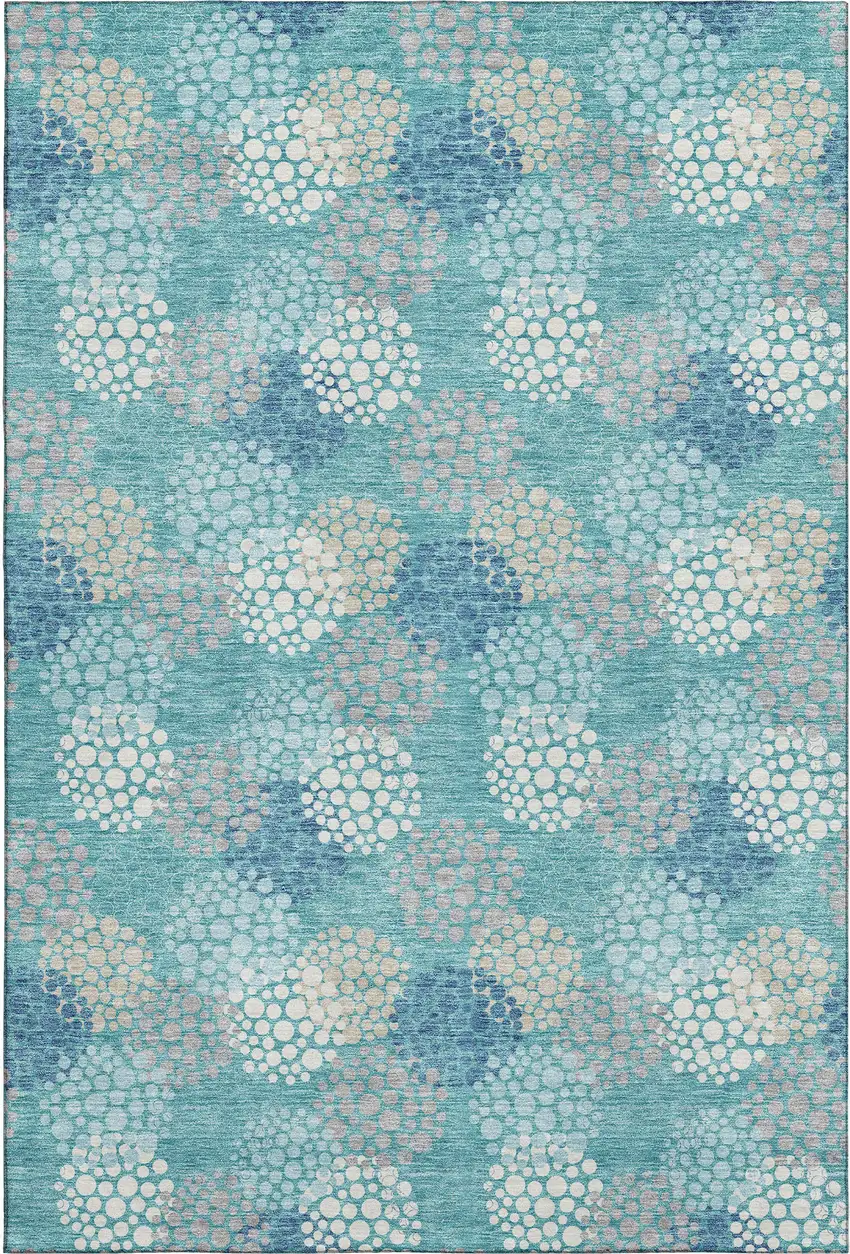 Teal Ivory And Beige Polka Dot Washable Area Rug With UV Protection Photo 1