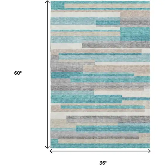 Teal Ivory And Beige Striped Washable Area Rug With UV Protection Photo 3