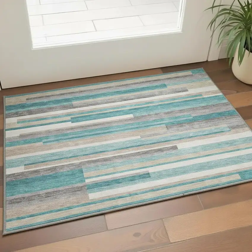 Teal Ivory And Beige Striped Washable Area Rug With UV Protection Photo 2