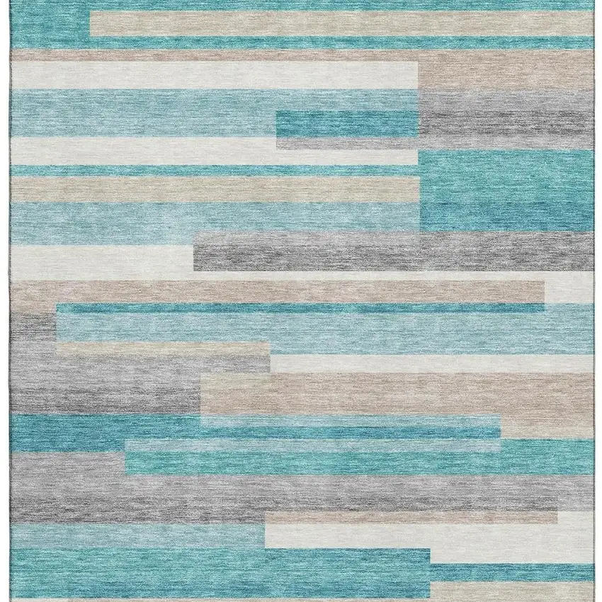 Teal Ivory And Beige Striped Washable Area Rug With UV Protection Photo 4