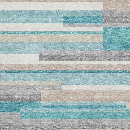 Teal Ivory And Beige Striped Washable Area Rug With UV Protection Photo 3