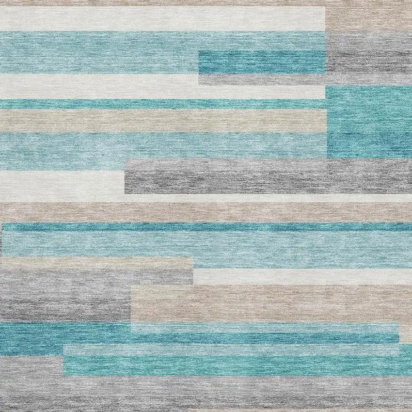 Teal Ivory And Beige Striped Washable Area Rug With UV Protection Photo 3