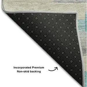 Photo of Teal Ivory And Beige Striped Washable Area Rug With UV Protection