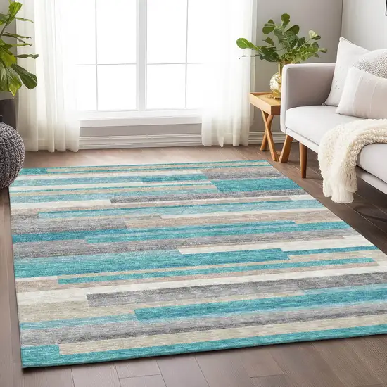 Teal Ivory And Beige Striped Washable Area Rug With UV Protection Photo 5