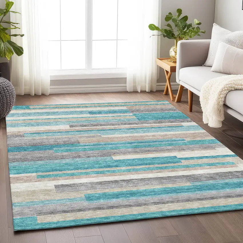 Teal Ivory And Beige Striped Washable Area Rug With UV Protection Photo 5
