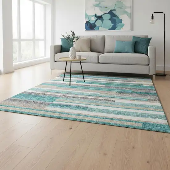 Teal Ivory And Beige Striped Washable Area Rug With UV Protection Photo 2
