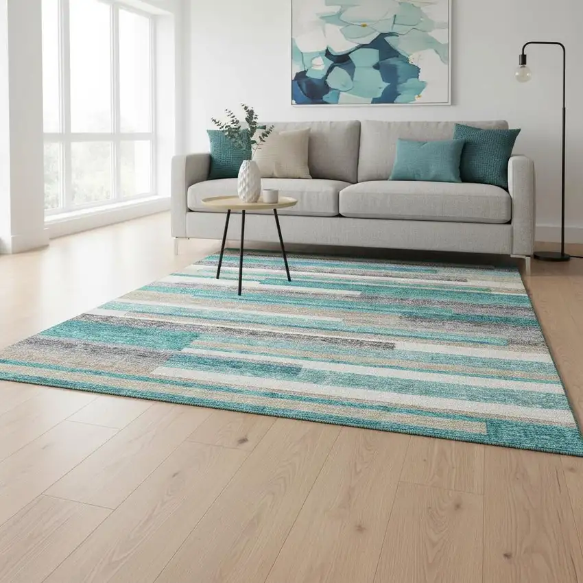 Teal Ivory And Beige Striped Washable Area Rug With UV Protection Photo 2