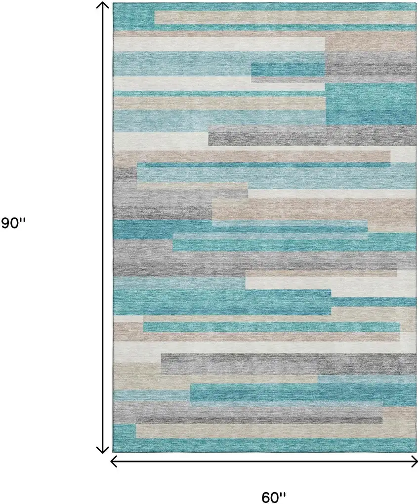 Teal Ivory And Beige Striped Washable Area Rug With UV Protection Photo 3