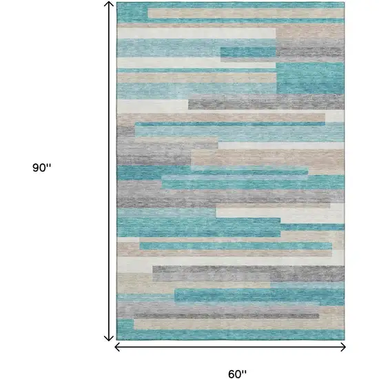Teal Ivory And Beige Striped Washable Area Rug With UV Protection Photo 3