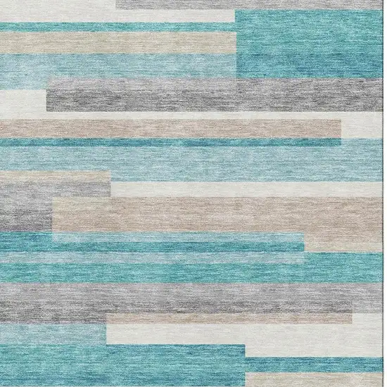 Teal Ivory And Beige Striped Washable Area Rug With UV Protection Photo 3