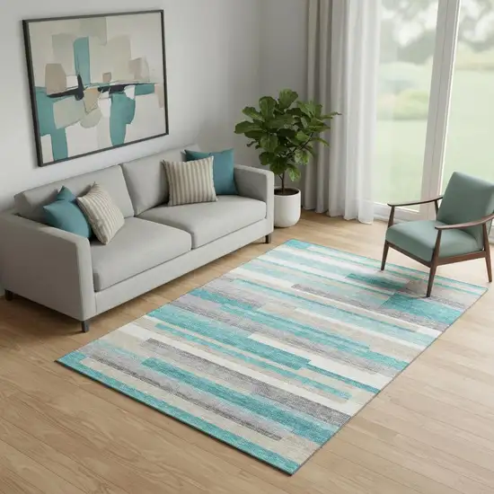 Teal Ivory And Beige Striped Washable Area Rug With UV Protection Photo 1