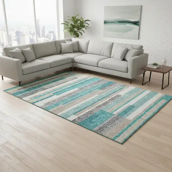 Teal Ivory And Beige Striped Washable Area Rug With UV Protection Photo 2