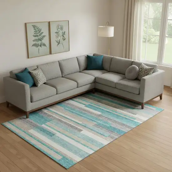 Teal Ivory And Beige Striped Washable Area Rug With UV Protection Photo 1