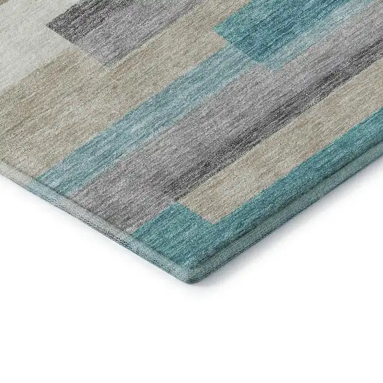 Teal Ivory And Beige Striped Washable Area Rug With UV Protection Photo 7