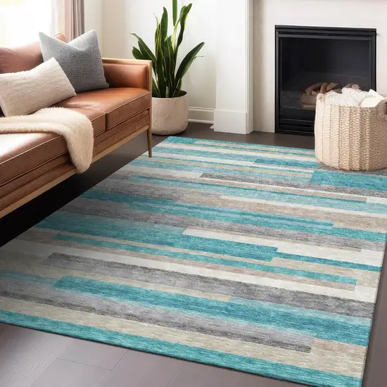 Teal Ivory And Beige Striped Washable Area Rug With UV Protection Photo 6