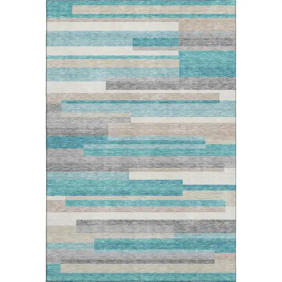 Teal Ivory And Beige Striped Washable Area Rug With UV Protection Photo 1