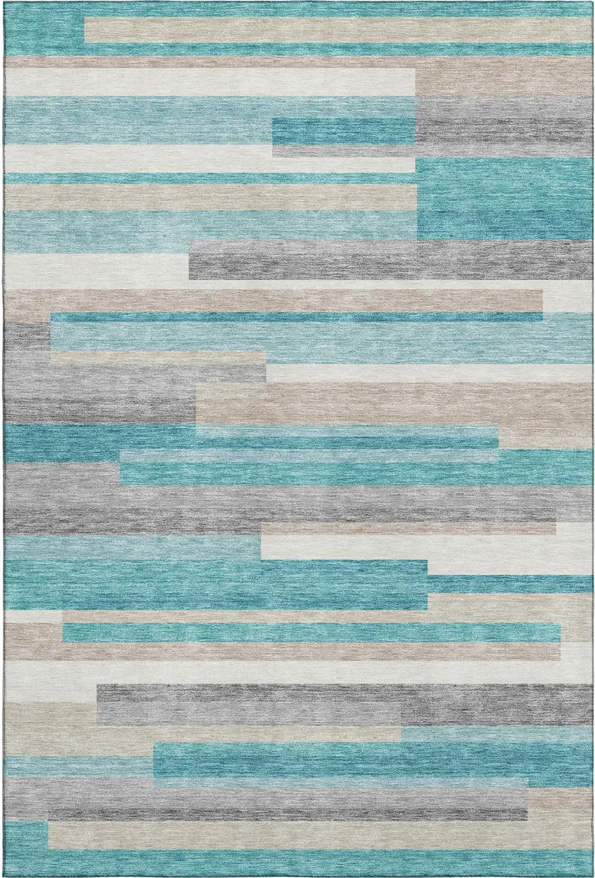 Teal Ivory And Beige Striped Washable Area Rug With UV Protection Photo 1