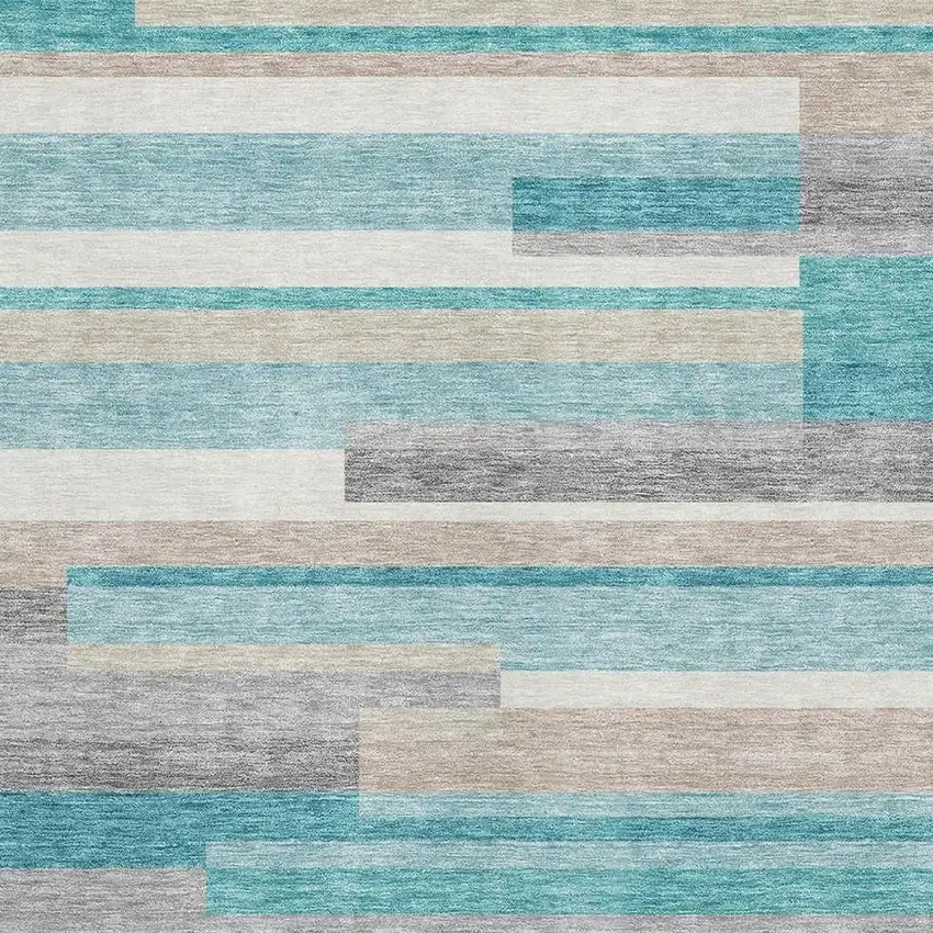 Teal Ivory And Beige Striped Washable Area Rug With UV Protection Photo 3