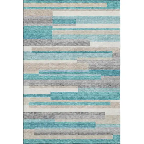 Teal Ivory And Beige Striped Washable Area Rug With UV Protection Photo 4