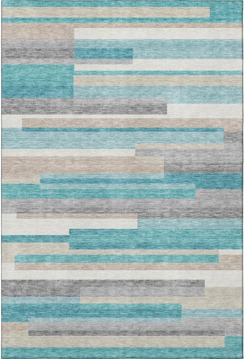 Teal Ivory And Beige Striped Washable Area Rug With UV Protection Photo 4