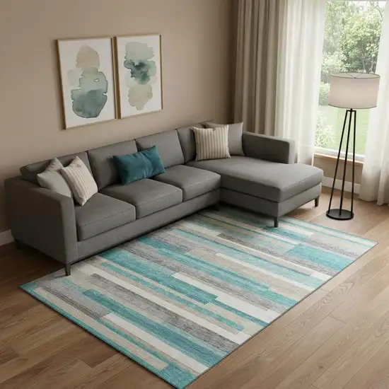 Teal Ivory And Beige Striped Washable Area Rug With UV Protection Photo 1