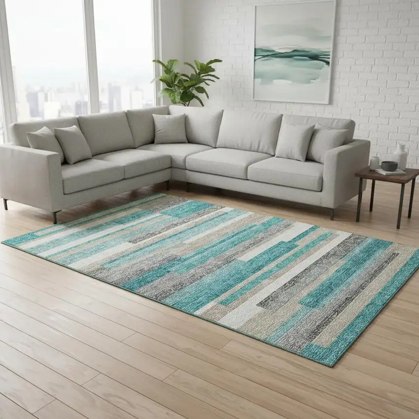 Teal Ivory And Beige Striped Washable Area Rug With UV Protection Photo 2