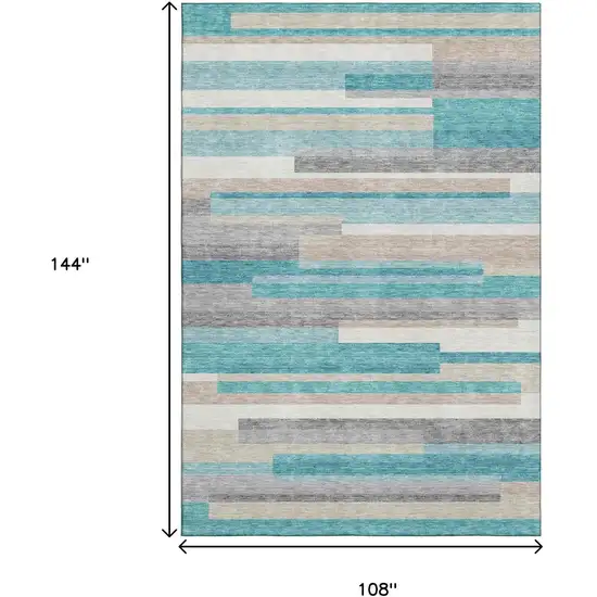 Teal Ivory And Beige Striped Washable Area Rug With UV Protection Photo 3