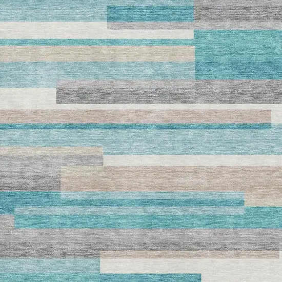 Teal Ivory And Beige Striped Washable Area Rug With UV Protection Photo 3