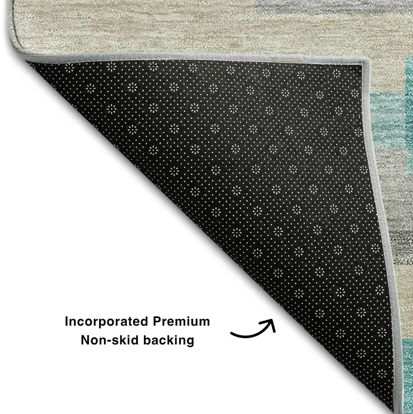 Teal Ivory And Beige Striped Washable Area Rug With UV Protection Photo 7