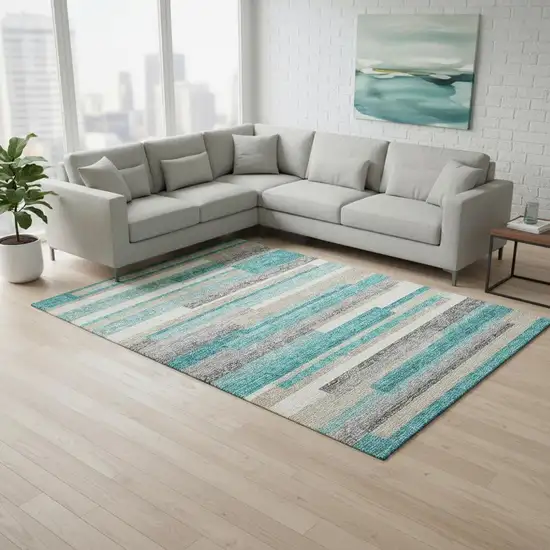 Teal Ivory And Beige Striped Washable Area Rug With UV Protection Photo 2