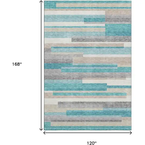 Teal Ivory And Beige Striped Washable Area Rug With UV Protection Photo 3