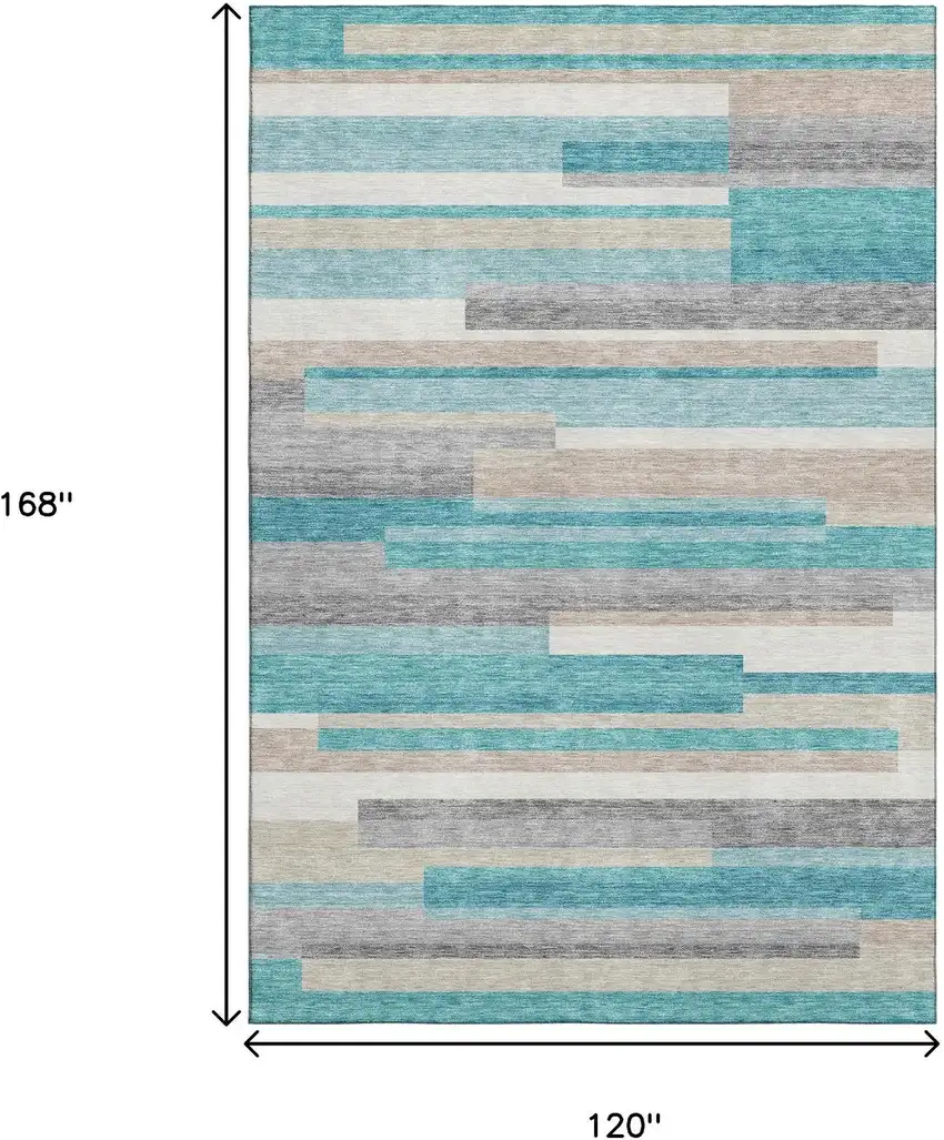 Teal Ivory And Beige Striped Washable Area Rug With UV Protection Photo 3