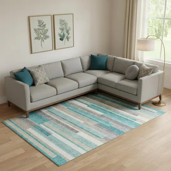 Teal Ivory And Beige Striped Washable Area Rug With UV Protection Photo 1