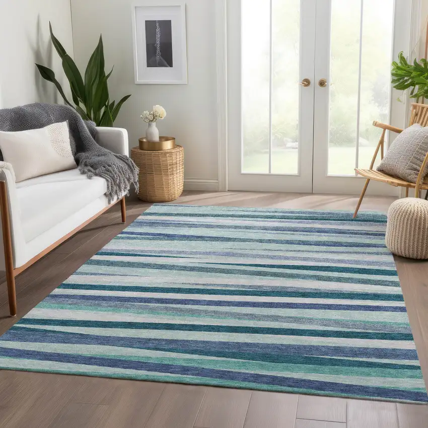 Teal Ivory And Blue Striped Washable Area Rug With UV Protection Photo 4