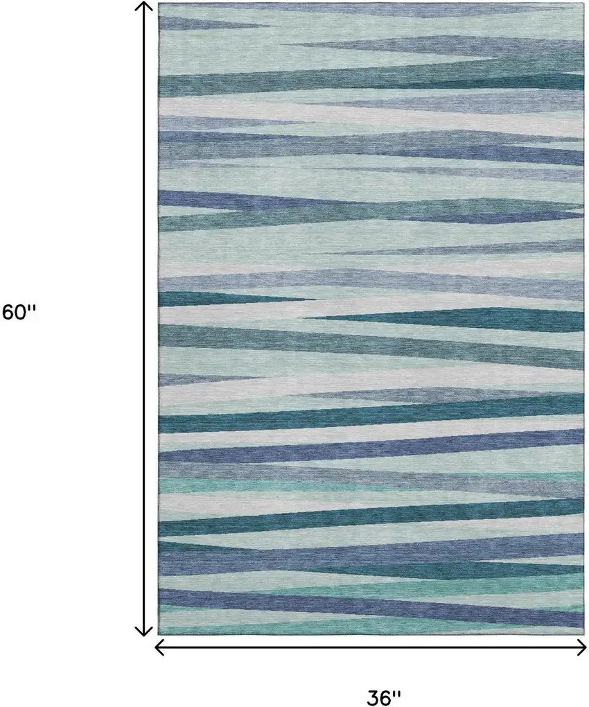 Teal Ivory And Blue Striped Washable Area Rug With UV Protection Photo 9