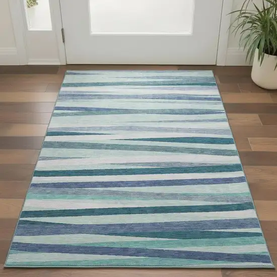 Teal Ivory And Blue Striped Washable Area Rug With UV Protection Photo 2