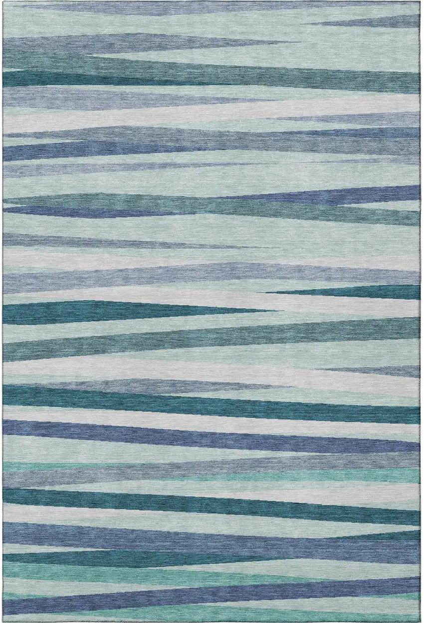 Teal Ivory And Blue Striped Washable Area Rug With UV Protection Photo 3