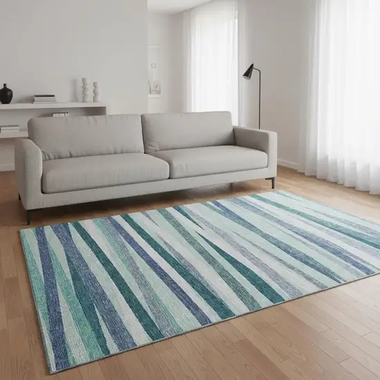 Teal Ivory And Blue Striped Washable Area Rug With UV Protection Photo 2