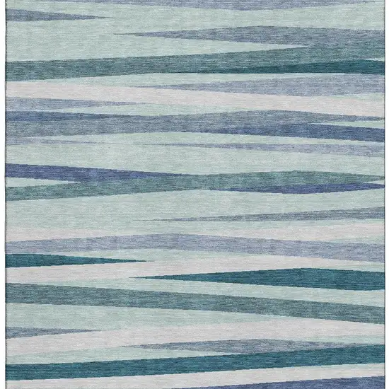 Teal Ivory And Blue Striped Washable Area Rug With UV Protection Photo 2