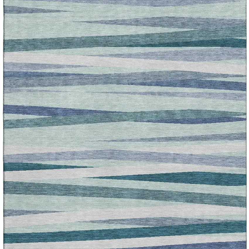 Teal Ivory And Blue Striped Washable Area Rug With UV Protection Photo 2
